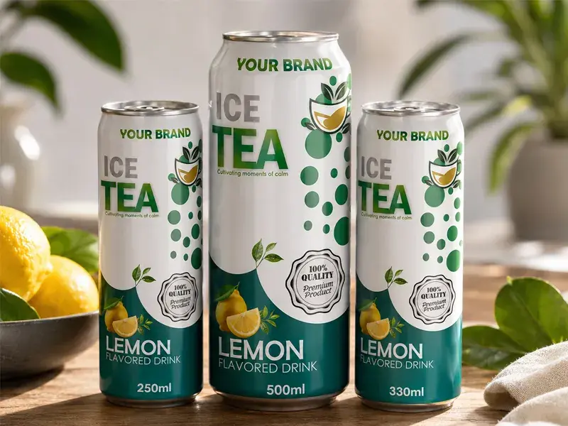 ICE TEA Lemon flavored drink cans in 250ml, 330ml and 500ml sizes.